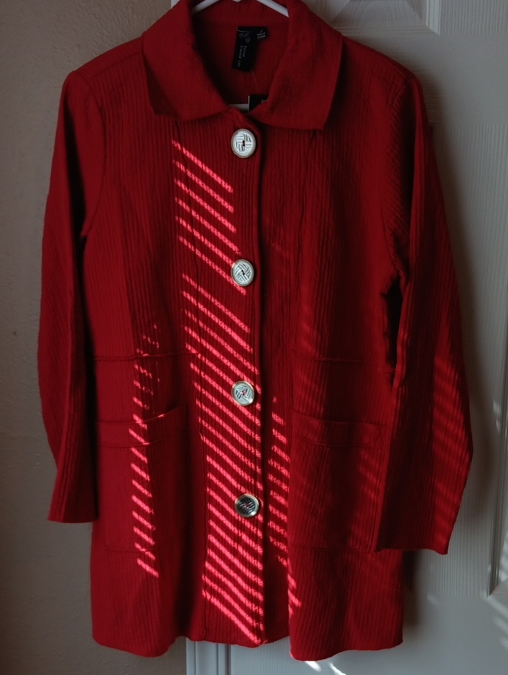 Focus Brand Bold Red Short Trench Coat with Silver& Gold Buttons